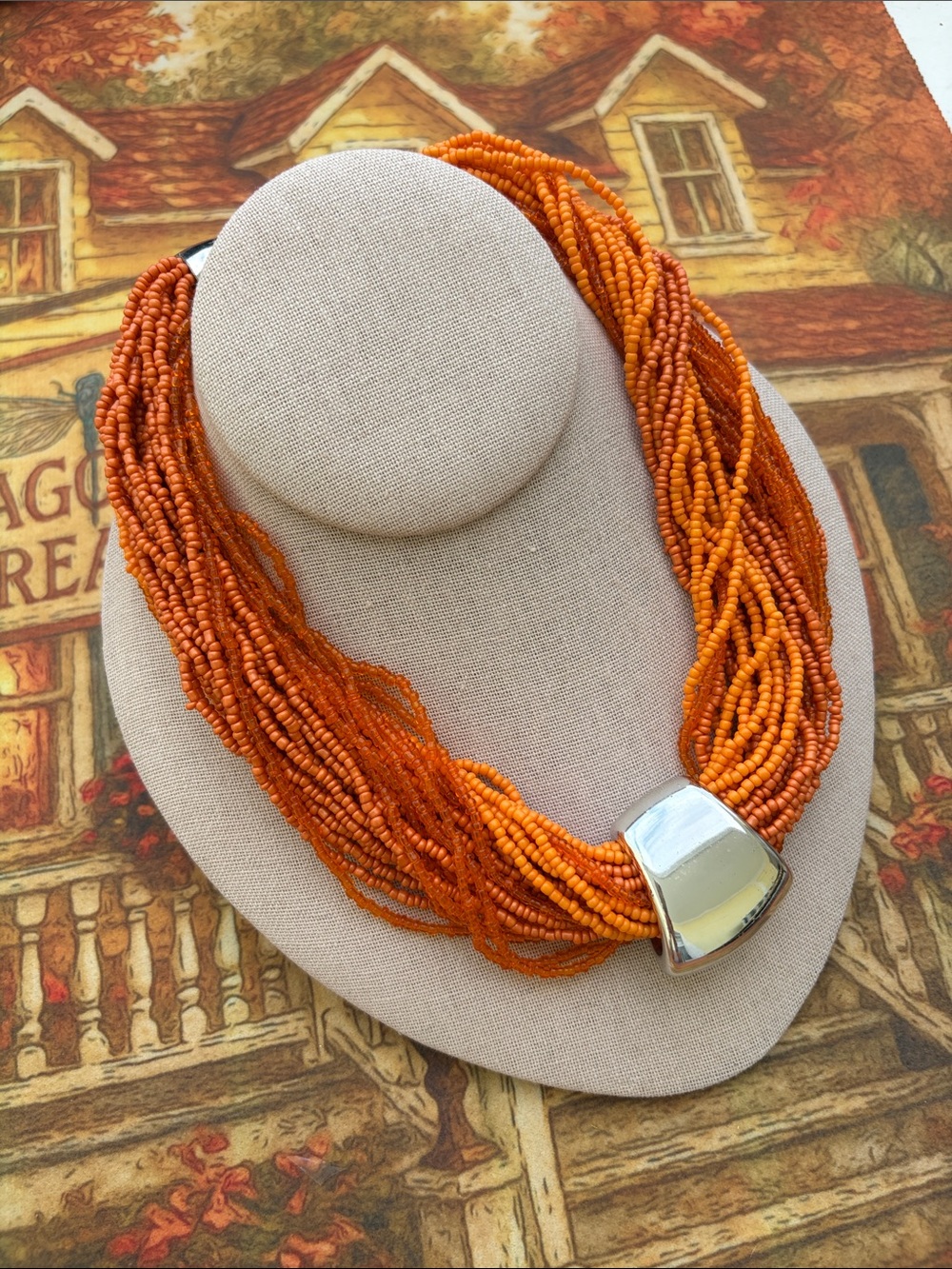 Multi-Strand Orange Beaded Statement Necklace with Silver Accent FALL COLORS